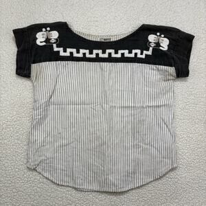 Handmade El Salvador Artisan Embroidered Huipil Blouse Butterfly Striped Cotton